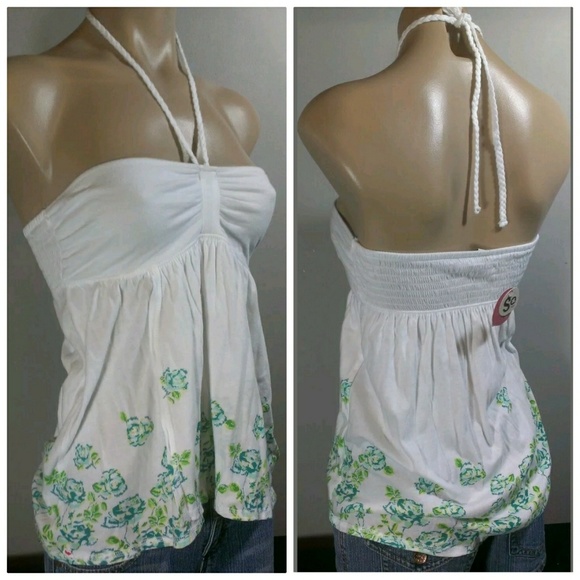 SO WHITE FLORAL HALTER TANK TUBE TOP SHIRT - Picture 1 of 8